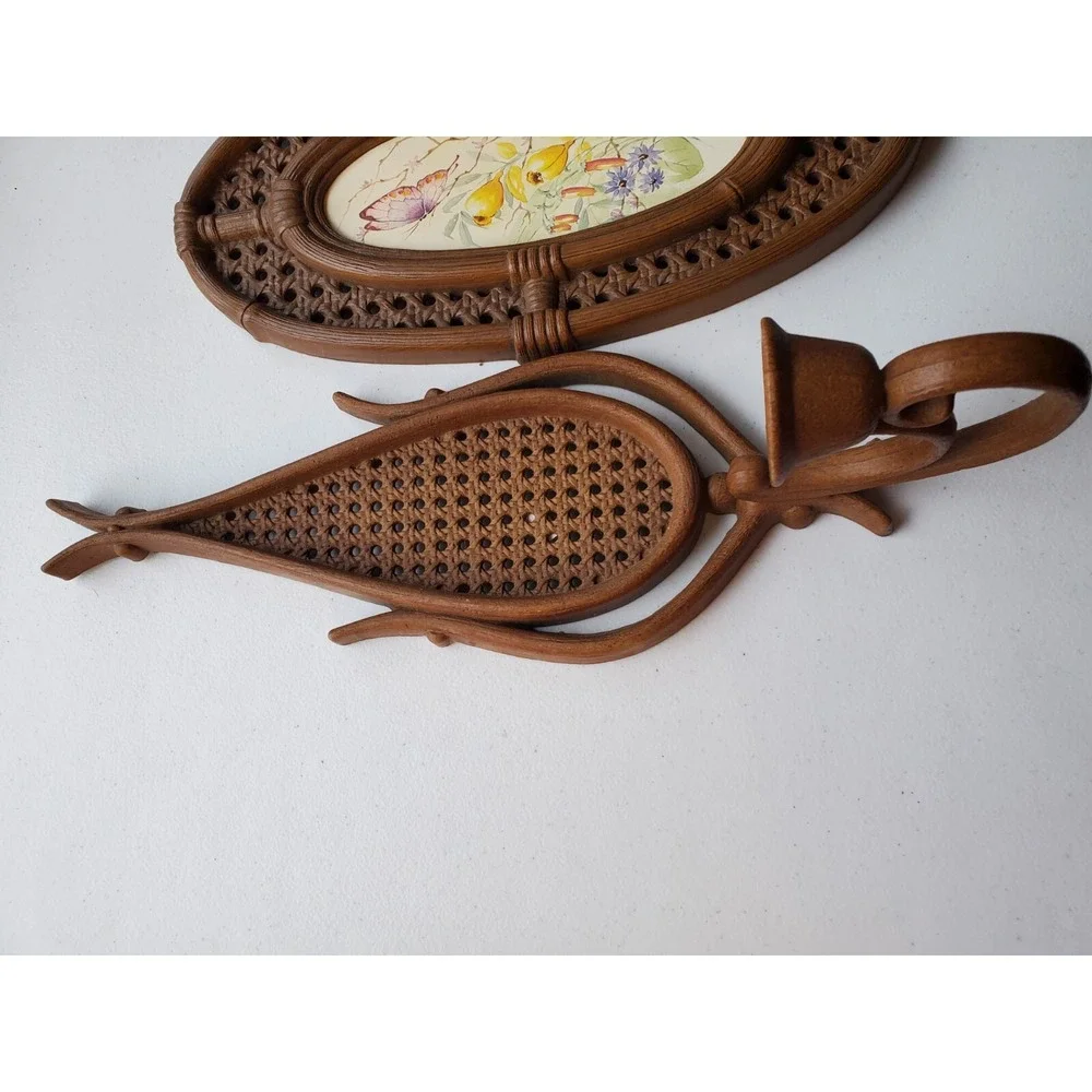 Homco Rattan Wicker 2 Teardrop Wall Candle Holders & 2 Picture 1980s
